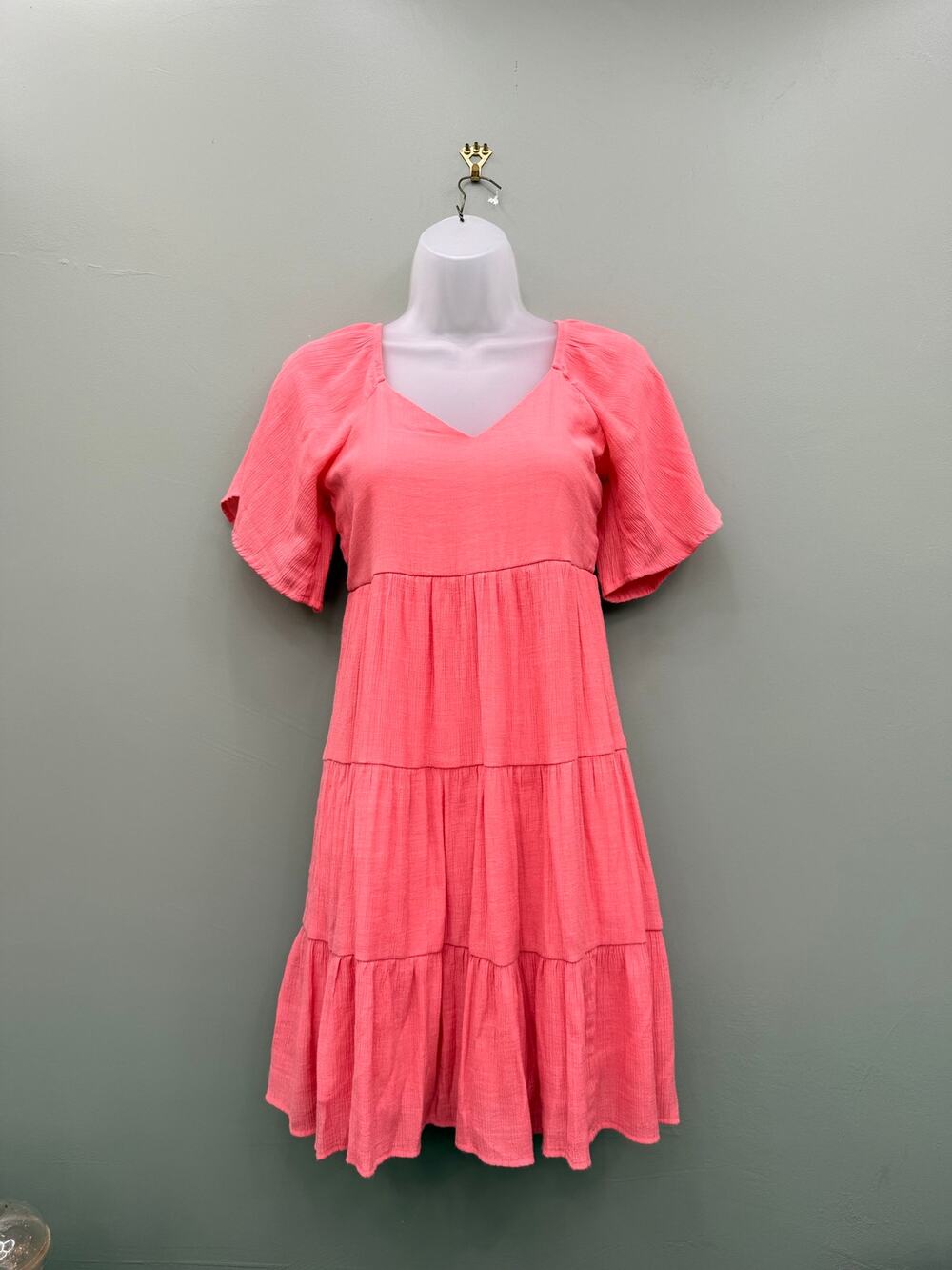 SO Coral Pink Tiered Mini Dress XS Flutter Sleeve Babydoll Cottagecore
